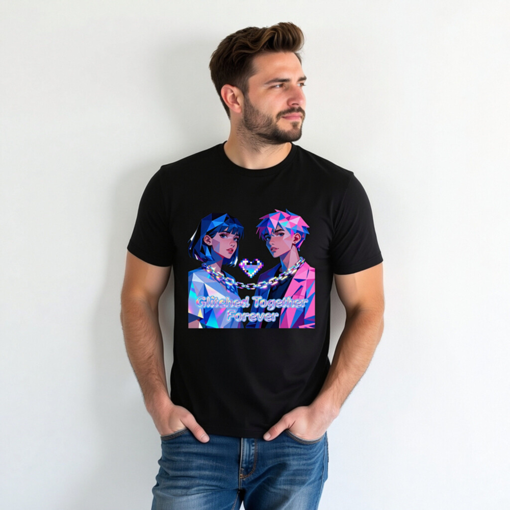 Glitched Together Forever Unisex T-Shirt - Pixel Art Couple, Cyberpunk Style - Image 3