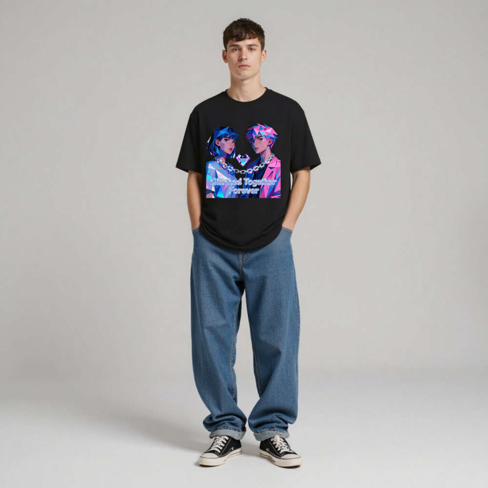 Glitched Together Forever Unisex T-Shirt - Pixel Art Couple, Cyberpunk Style - Image 4