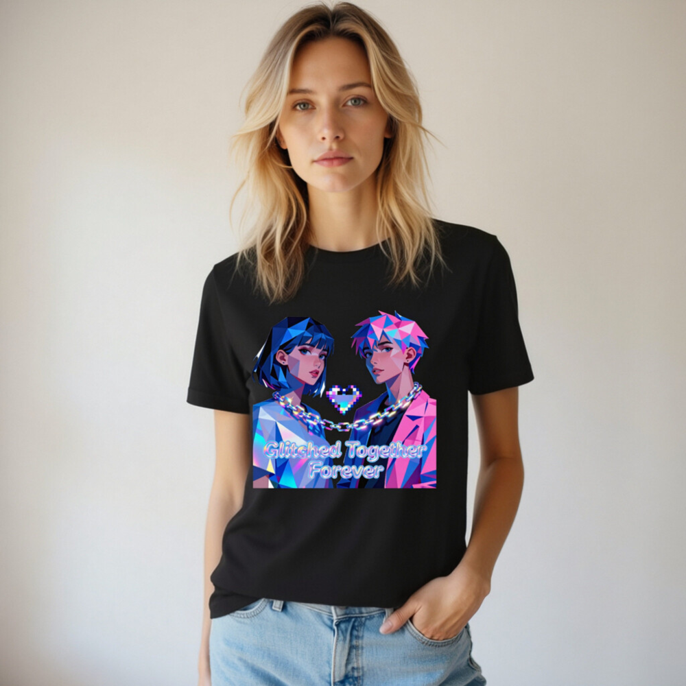 Glitched Together Forever Unisex T-Shirt - Pixel Art Couple, Cyberpunk Style - Image 5