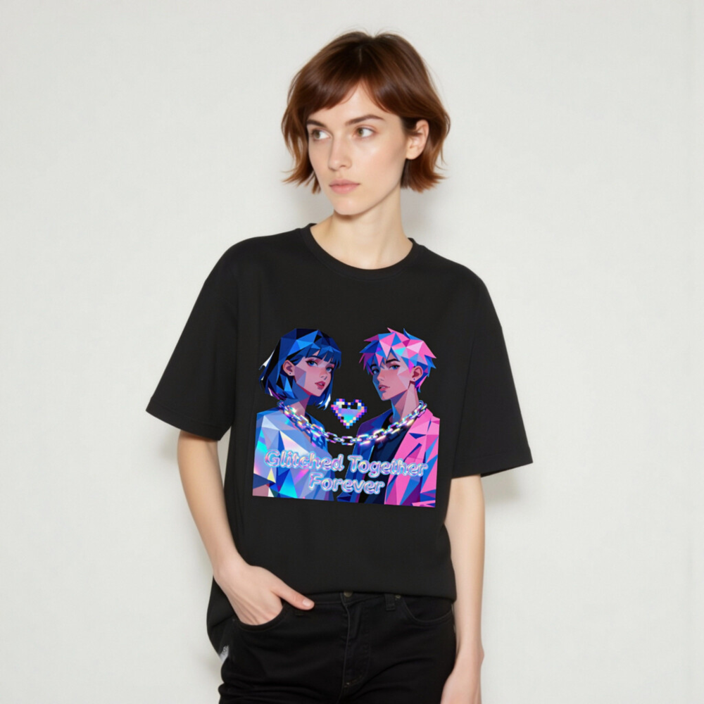 Glitched Together Forever Unisex T-Shirt - Pixel Art Couple, Cyberpunk Style - Image 6