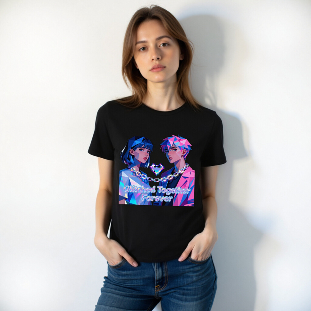 Glitched Together Forever Unisex T-Shirt - Pixel Art Couple, Cyberpunk Style - Image 7