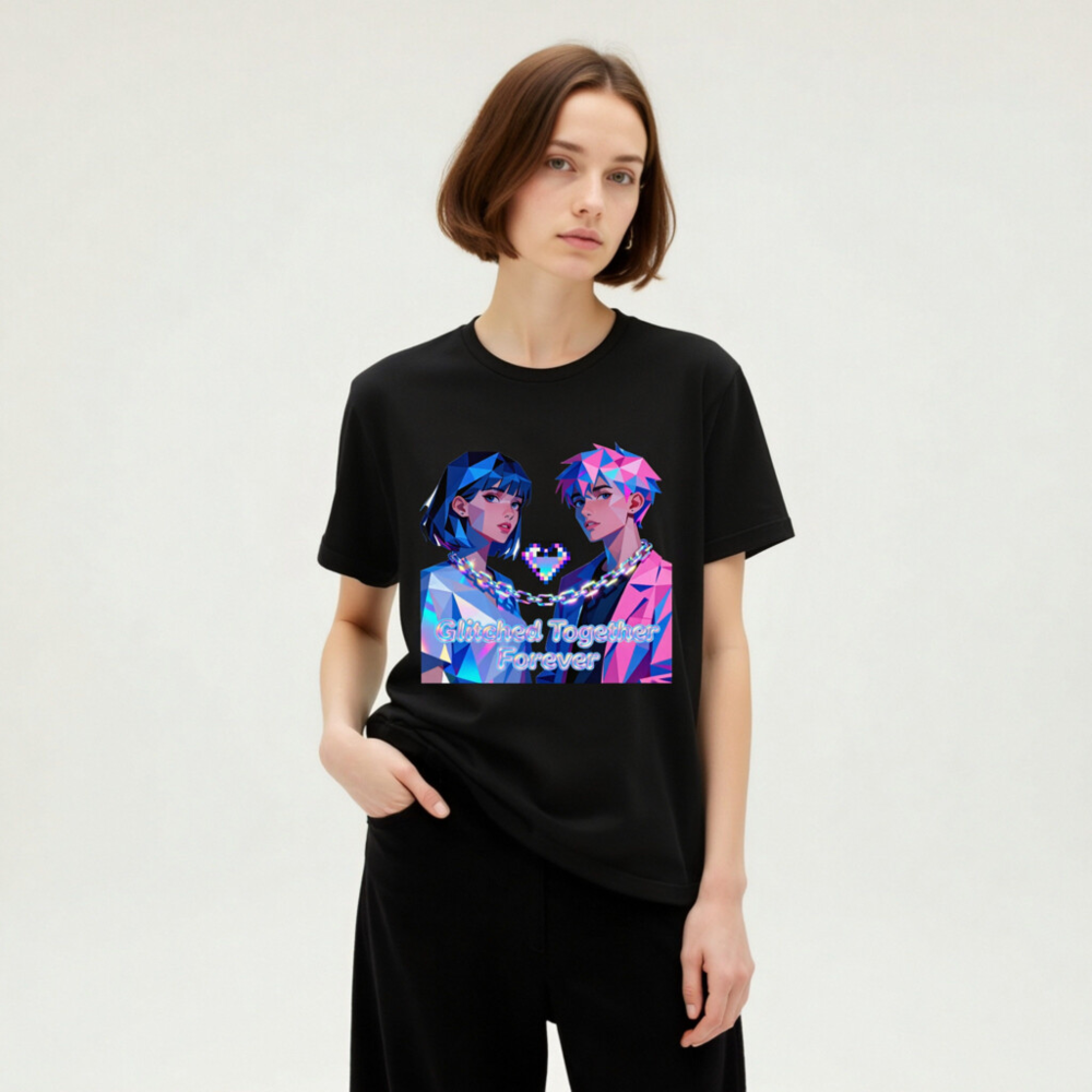 Glitched Together Forever Unisex T-Shirt - Pixel Art Couple, Cyberpunk Style - Image 8