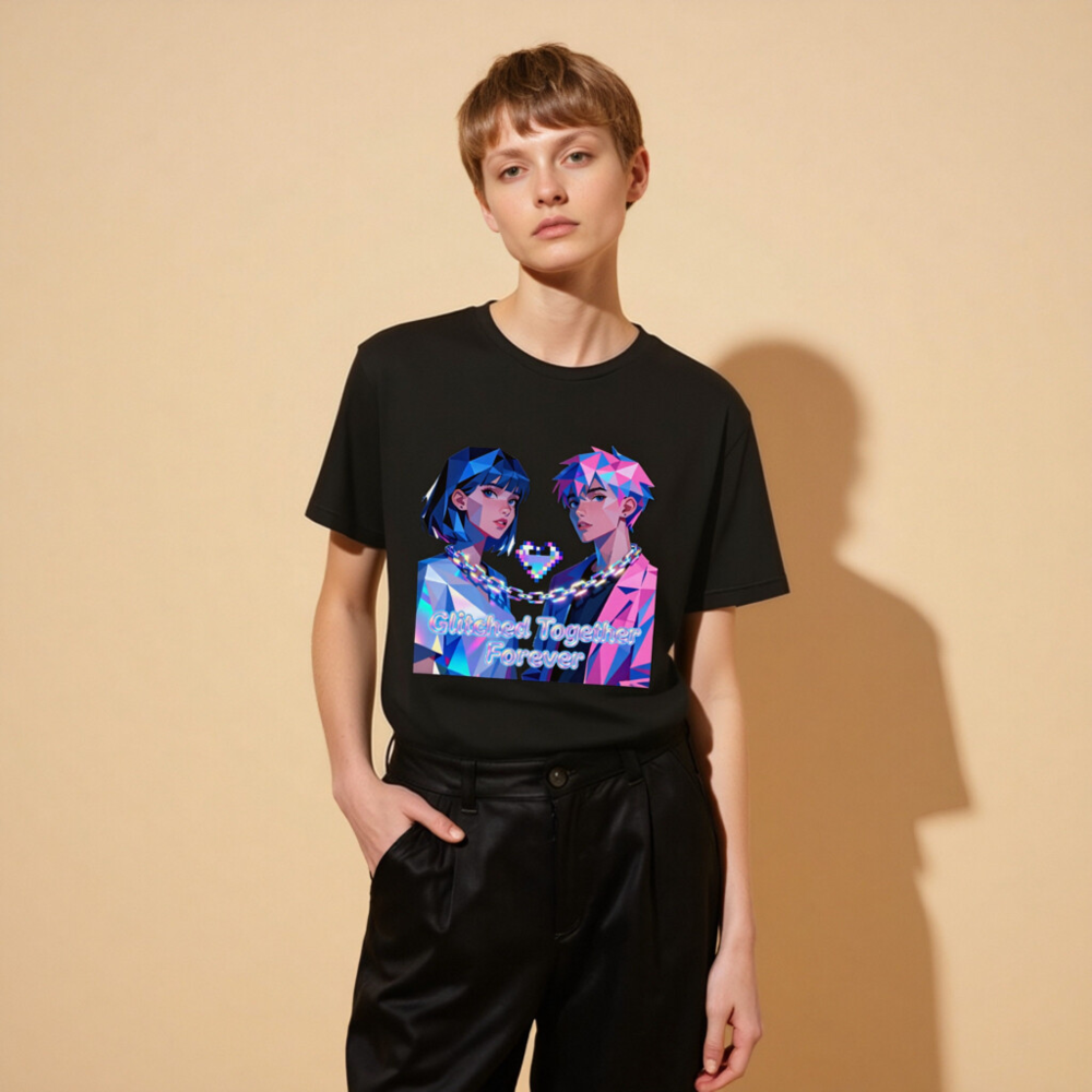 Glitched Together Forever Unisex T-Shirt - Pixel Art Couple, Cyberpunk Style - Image 9