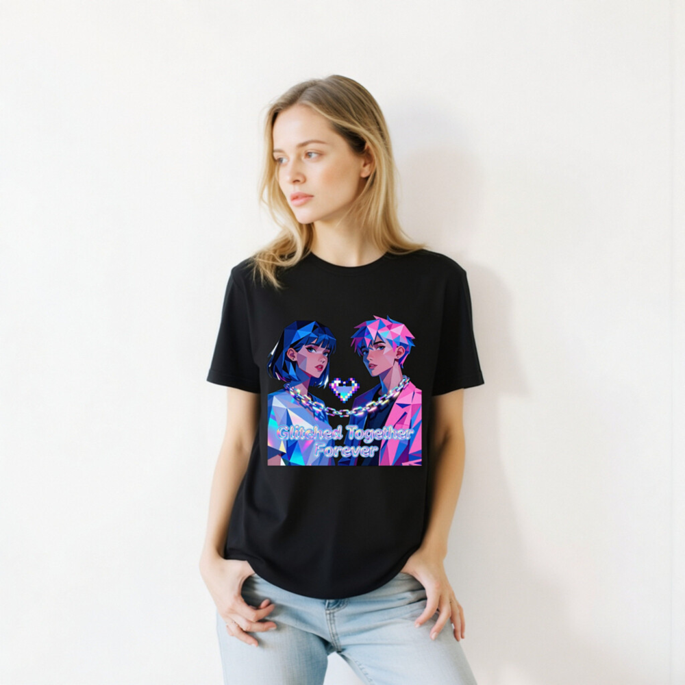 Glitched Together Forever Unisex T-Shirt - Pixel Art Couple, Cyberpunk Style - Image 10
