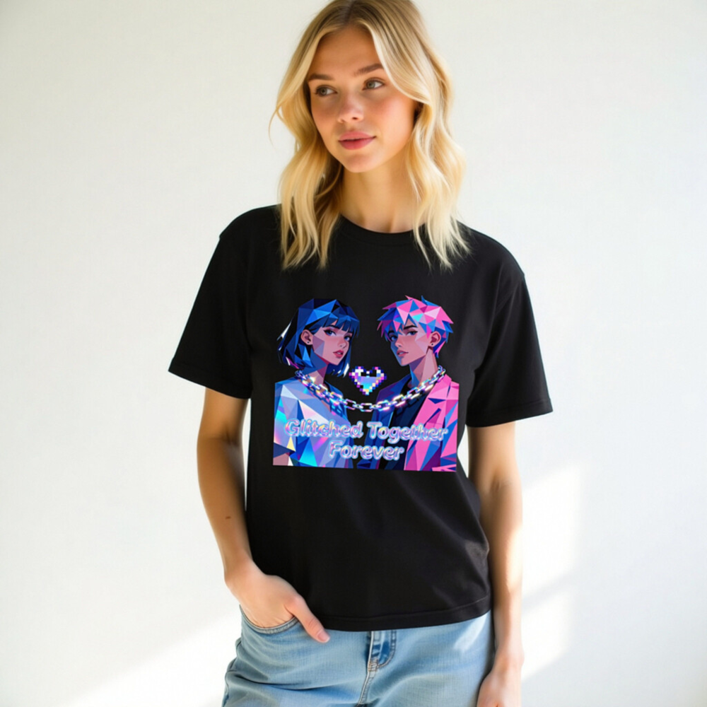 Glitched Together Forever Unisex T-Shirt - Pixel Art Couple, Cyberpunk Style - Image 11