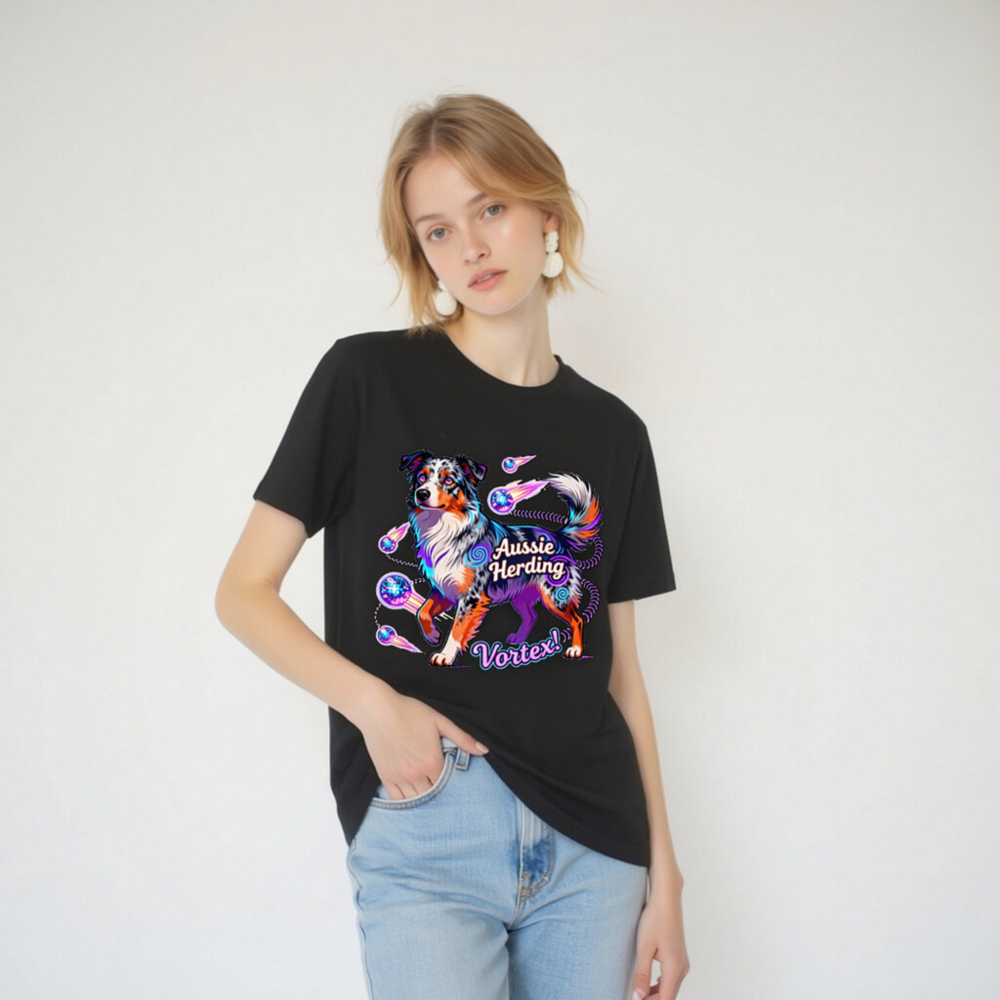 Aussie Herding Vortex Unisex T-Shirt - Neon Australian Shepherd Dog Design - Image 2
