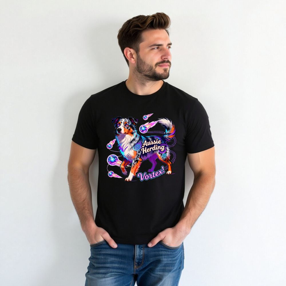 Aussie Herding Vortex Unisex T-Shirt - Neon Australian Shepherd Dog Design - Image 3
