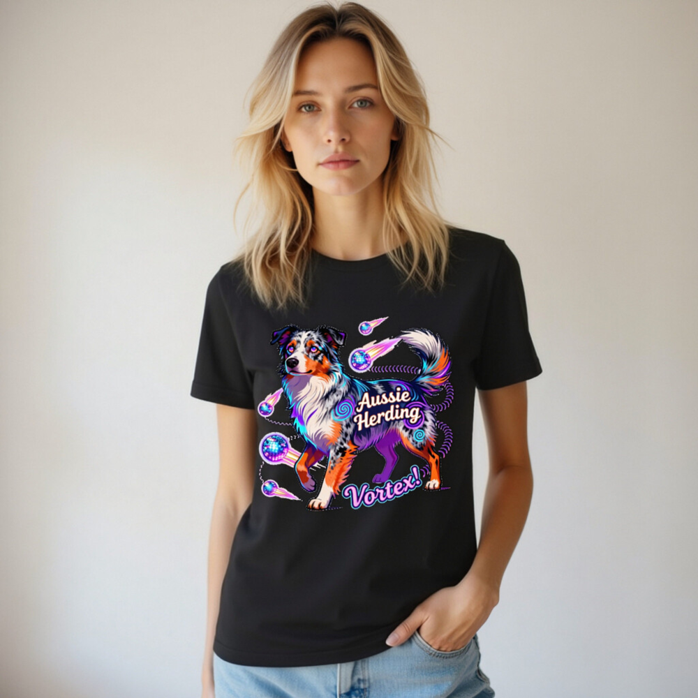 Aussie Herding Vortex Unisex T-Shirt - Neon Australian Shepherd Dog Design - Image 5