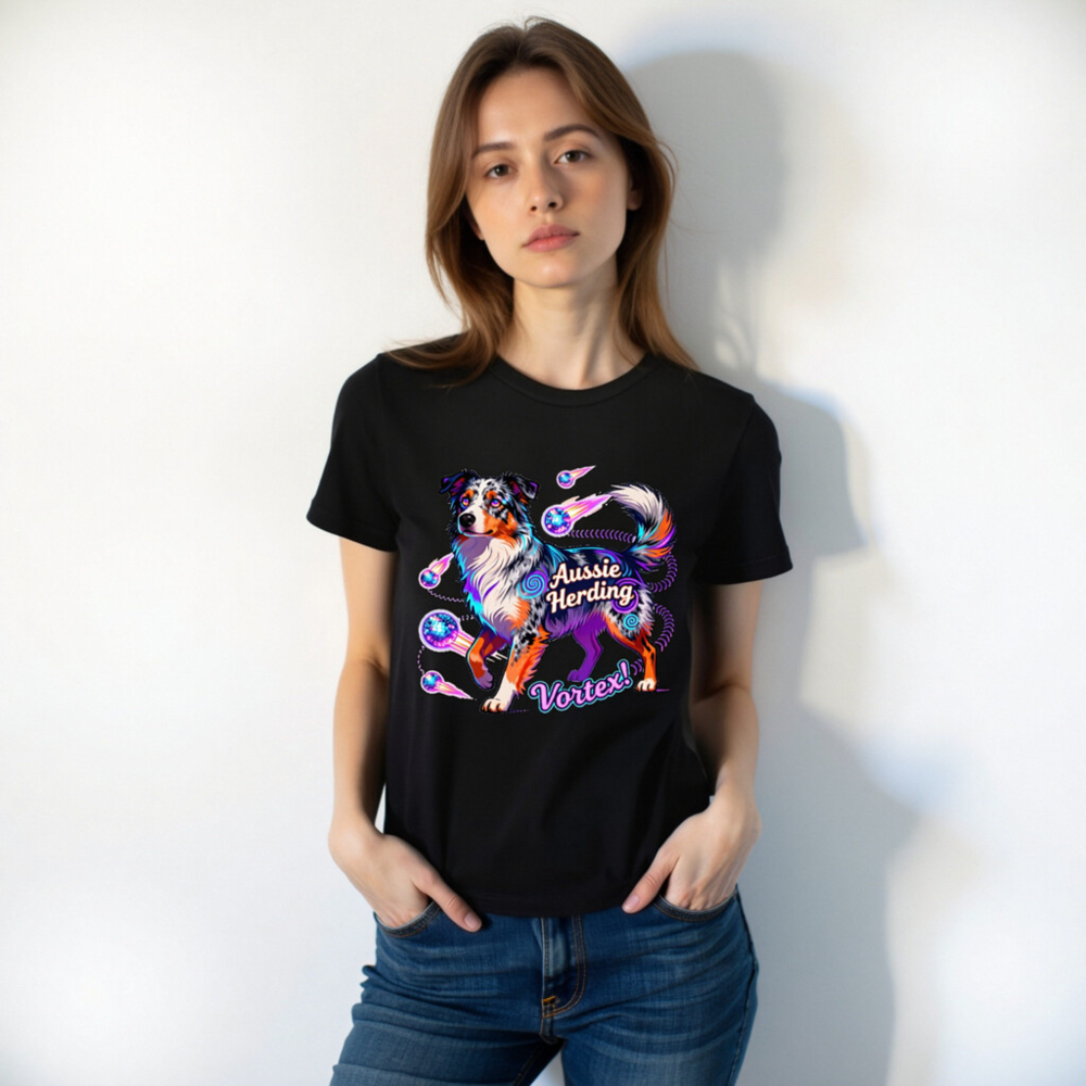 Aussie Herding Vortex Unisex T-Shirt - Neon Australian Shepherd Dog Design - Image 7