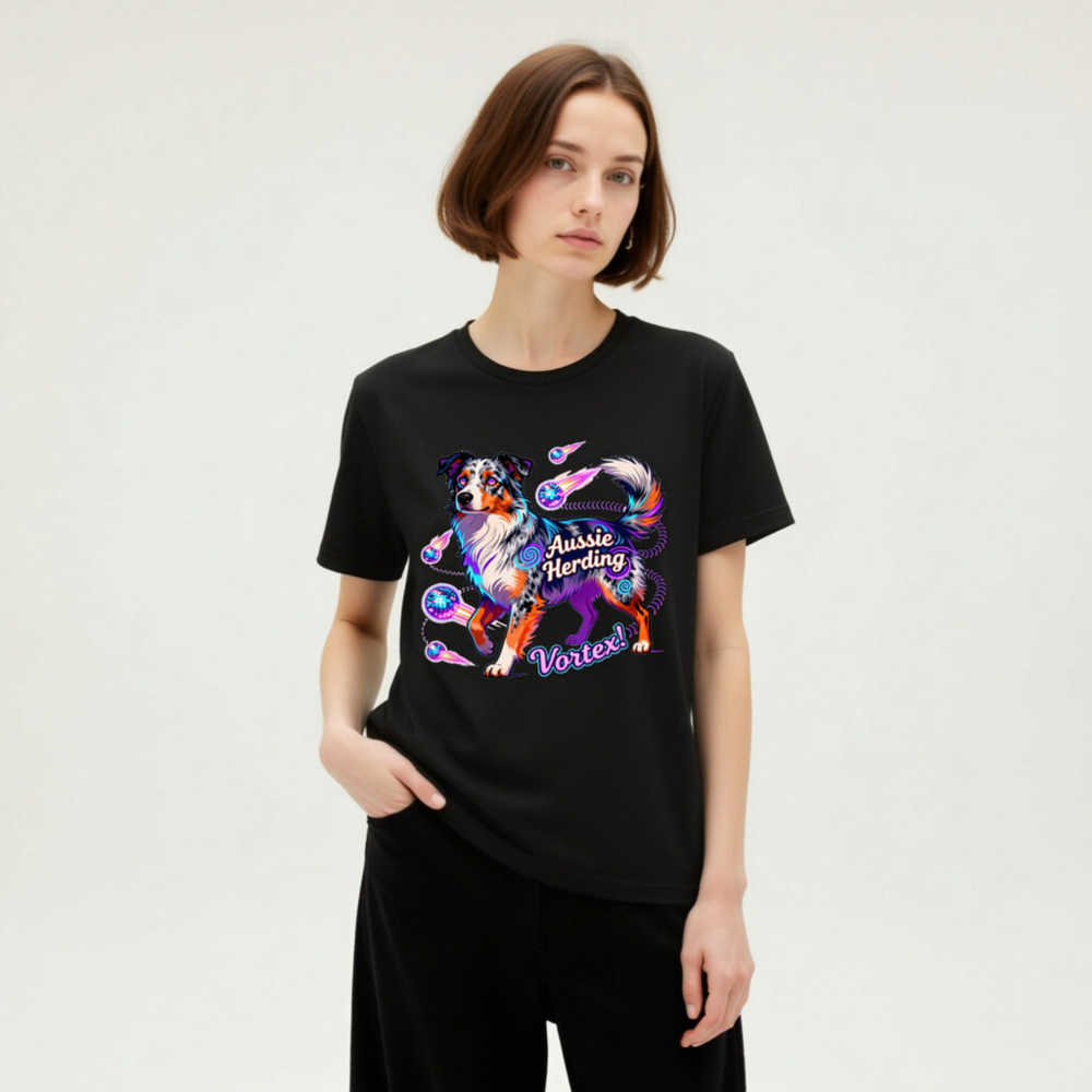 Aussie Herding Vortex Unisex T-Shirt - Neon Australian Shepherd Dog Design - Image 8
