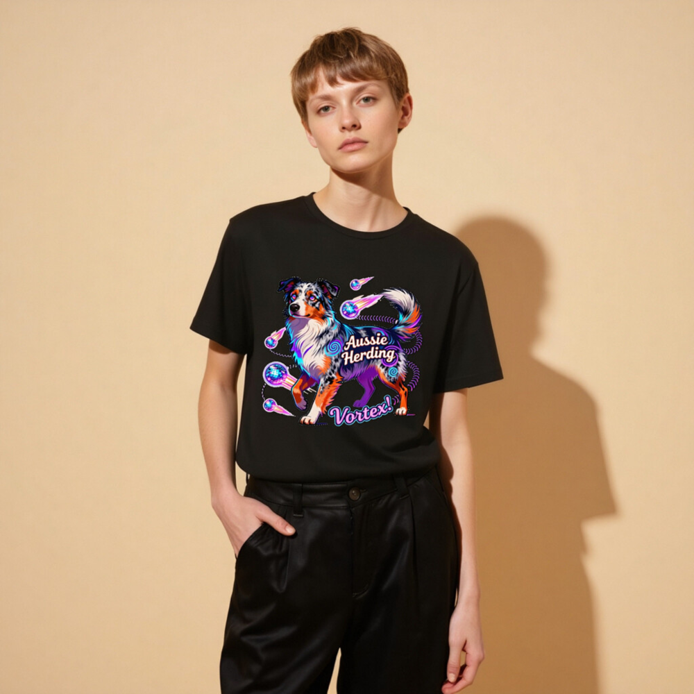 Aussie Herding Vortex Unisex T-Shirt - Neon Australian Shepherd Dog Design - Image 9