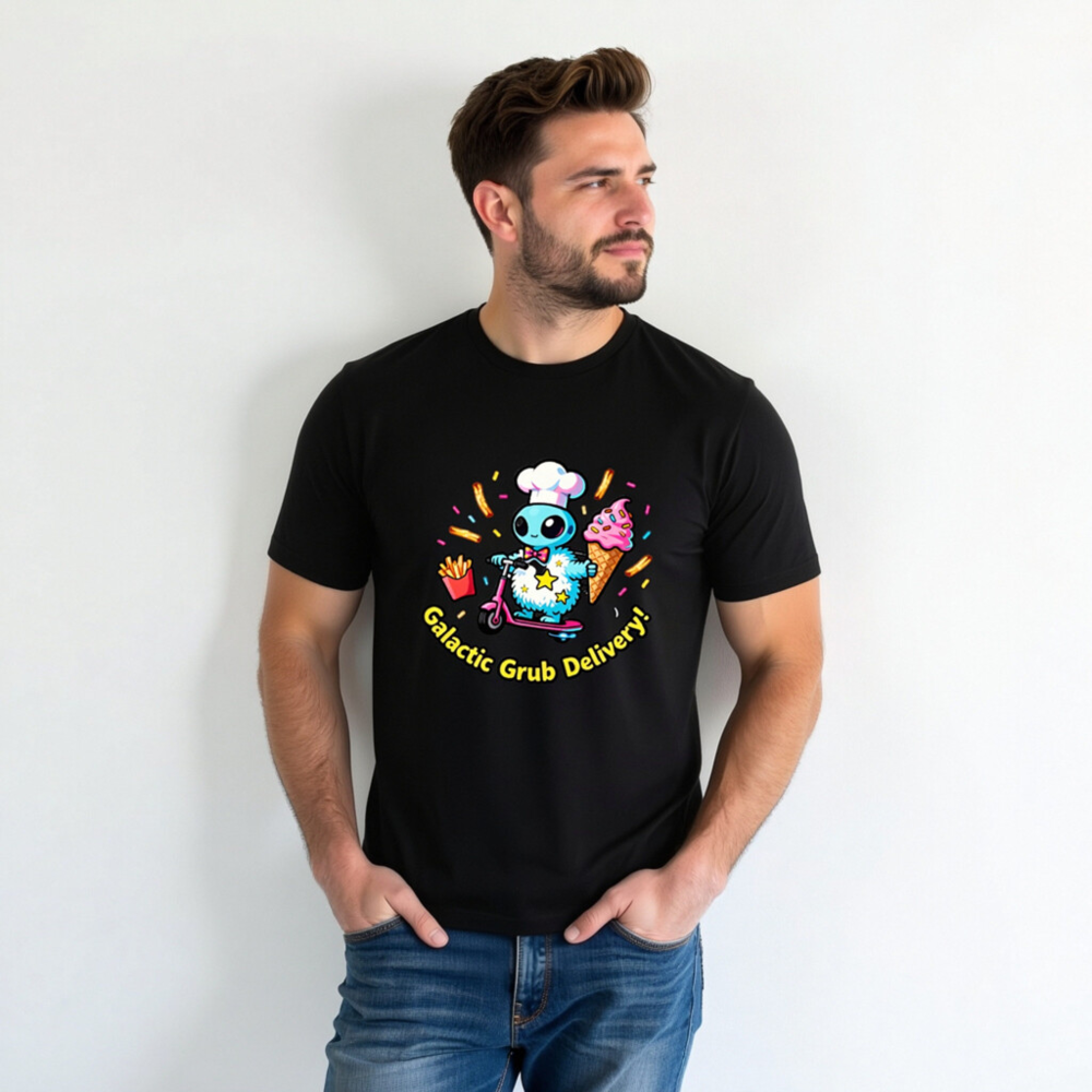 Galactic Grub Delivery! Unisex T-Shirt - Space Alien Chef Scooter Design - Image 3