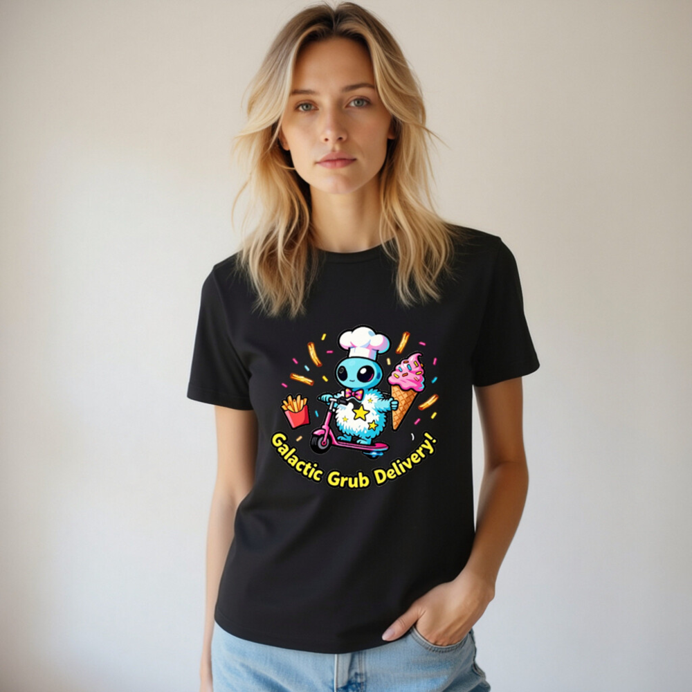 Galactic Grub Delivery! Unisex T-Shirt - Space Alien Chef Scooter Design - Image 5