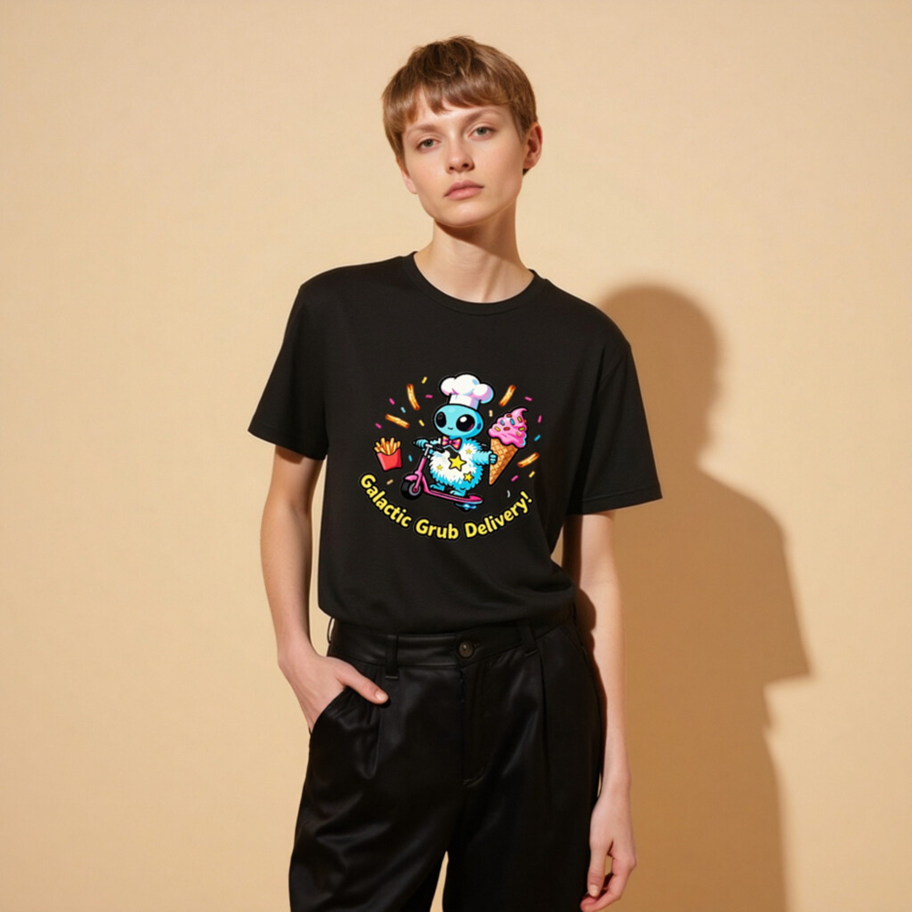 Galactic Grub Delivery! Unisex T-Shirt - Space Alien Chef Scooter Design - Image 9