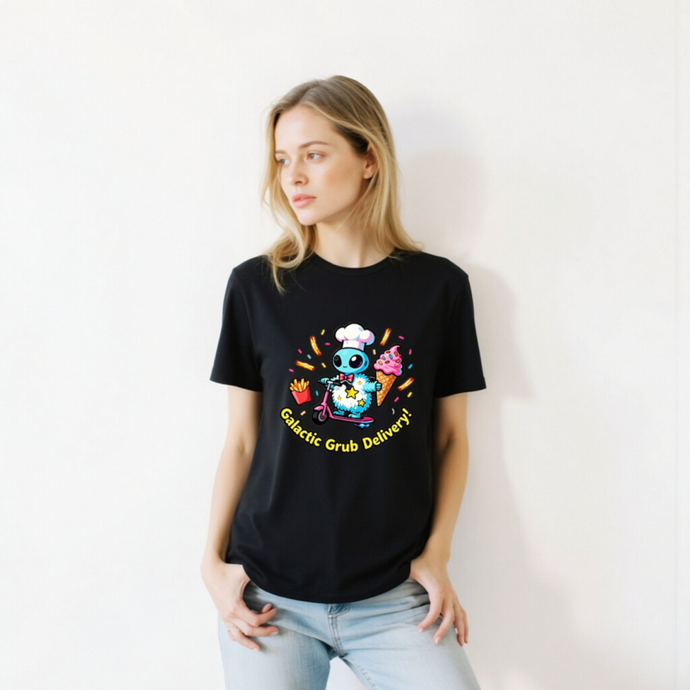 Galactic Grub Delivery! Unisex T-Shirt - Space Alien Chef Scooter Design - Image 10