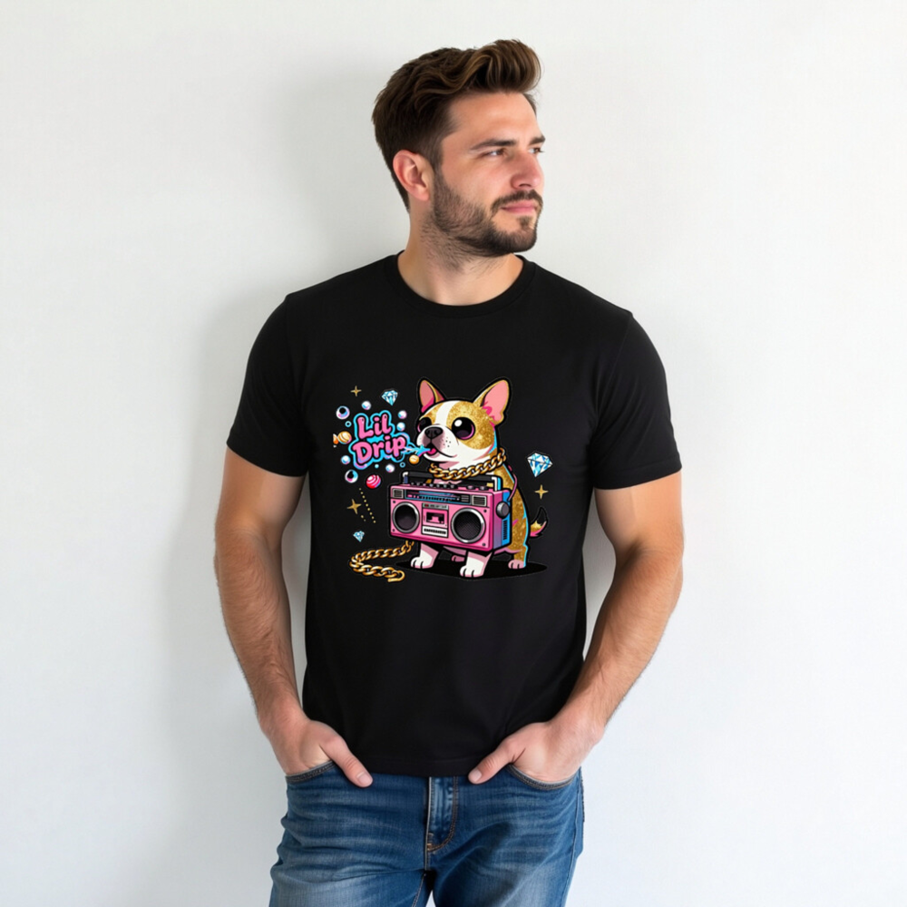 Unisex Staple T-Shirt - Lil Drip Dog with Boombox & Gold Chain Graphic - Image 3