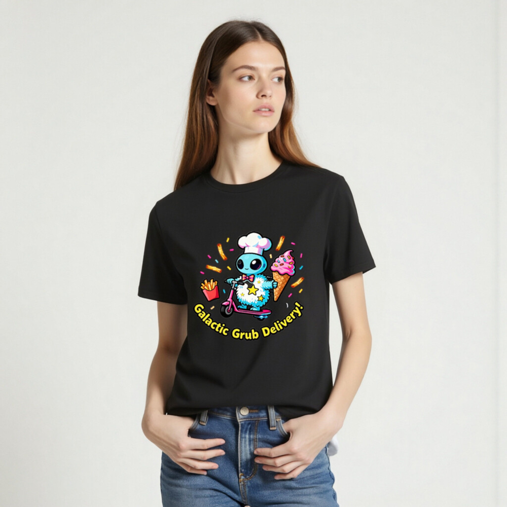 Unisex Organic Cotton T-Shirt | Galactic Grub Delivery Alien Chef Scooter Design - Image 2