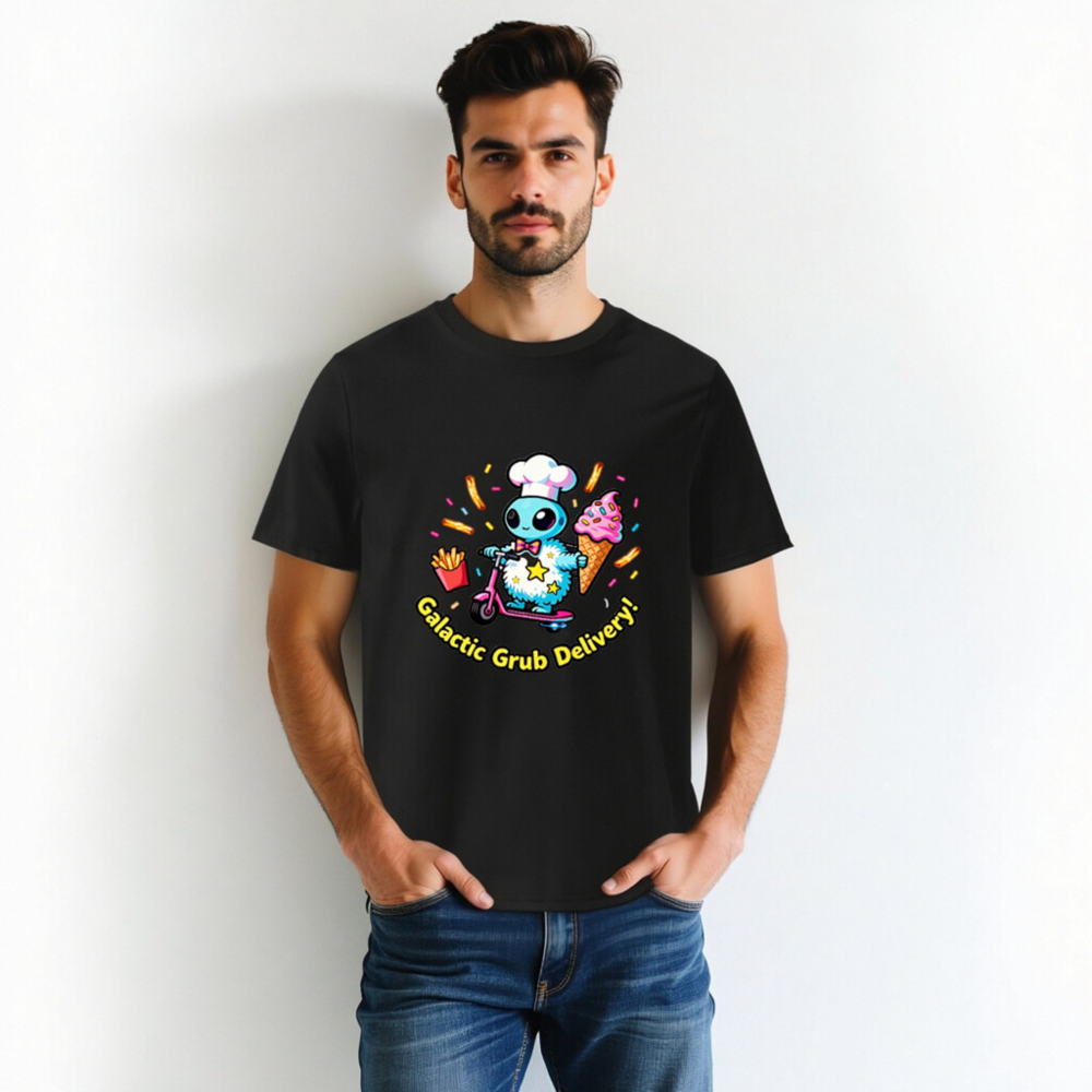 Unisex Organic Cotton T-Shirt | Galactic Grub Delivery Alien Chef Scooter Design - Image 3