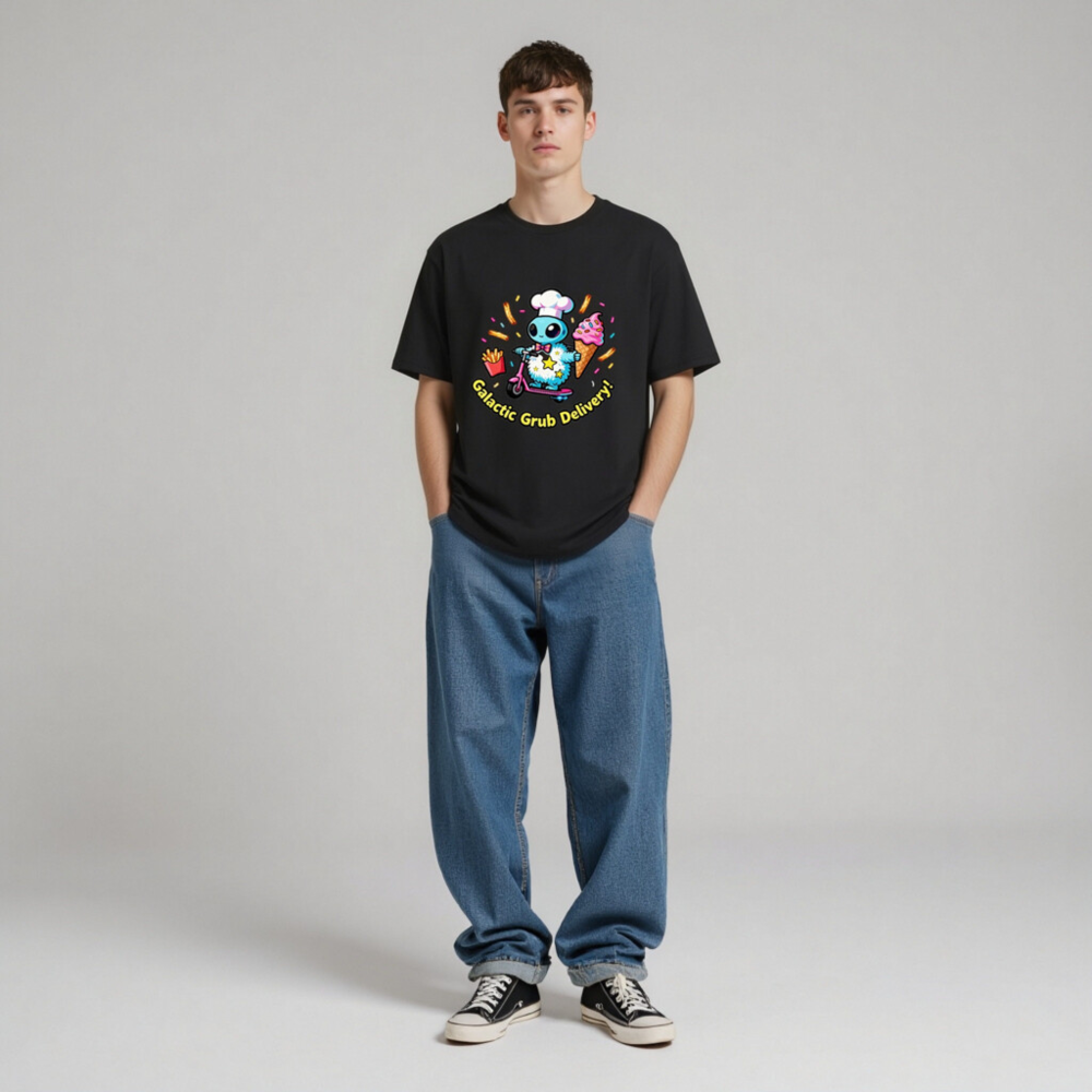 Unisex Organic Cotton T-Shirt | Galactic Grub Delivery Alien Chef Scooter Design - Image 4