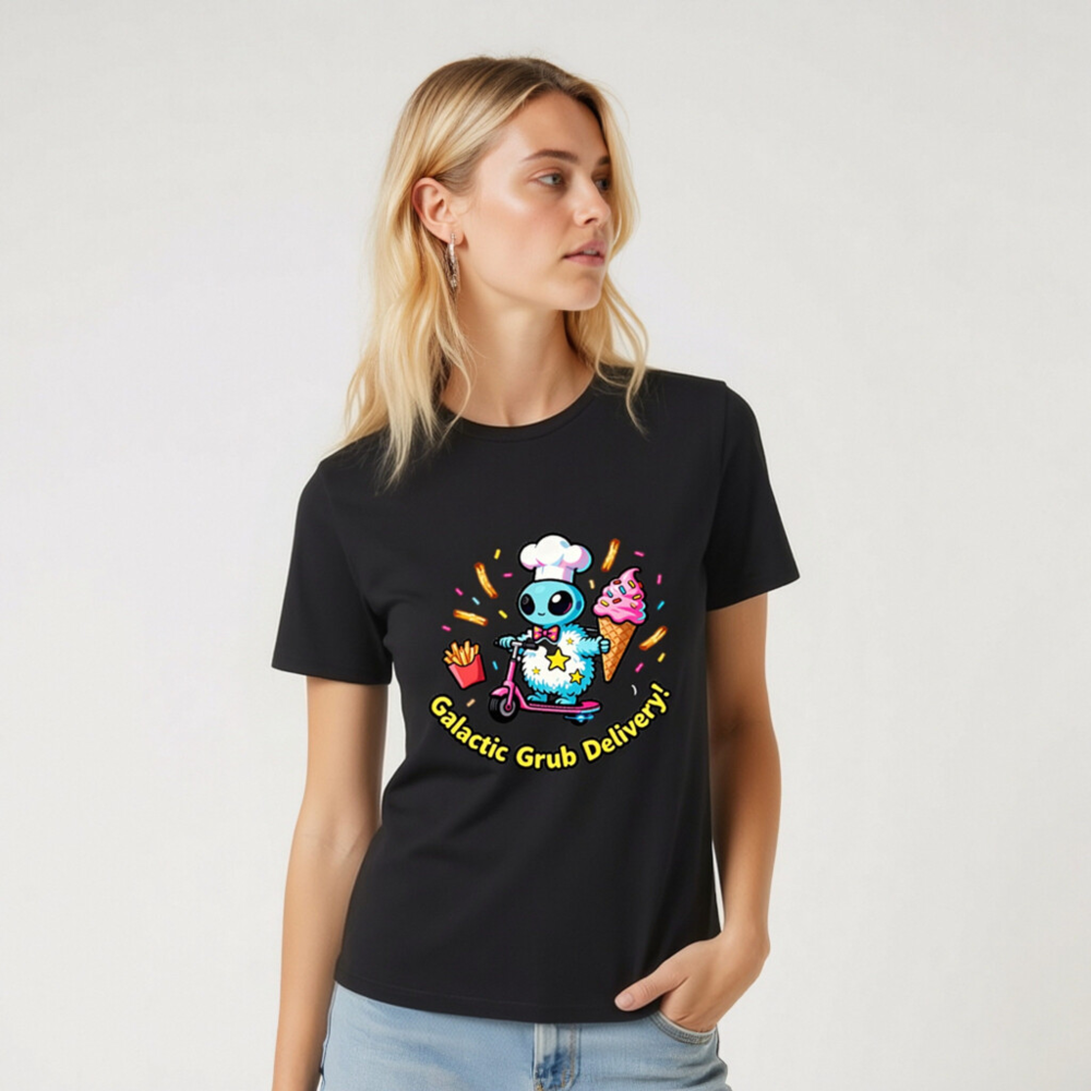 Unisex Organic Cotton T-Shirt | Galactic Grub Delivery Alien Chef Scooter Design - Image 5