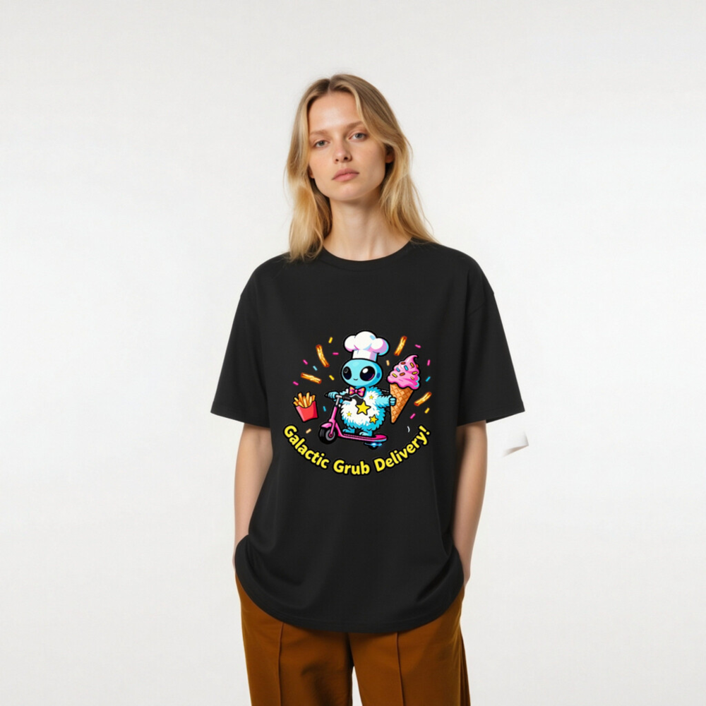 Unisex Organic Cotton T-Shirt | Galactic Grub Delivery Alien Chef Scooter Design - Image 6
