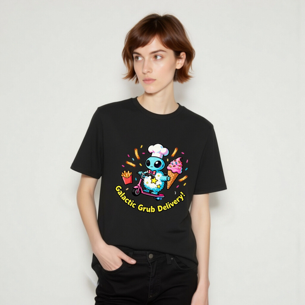 Unisex Organic Cotton T-Shirt | Galactic Grub Delivery Alien Chef Scooter Design - Image 7