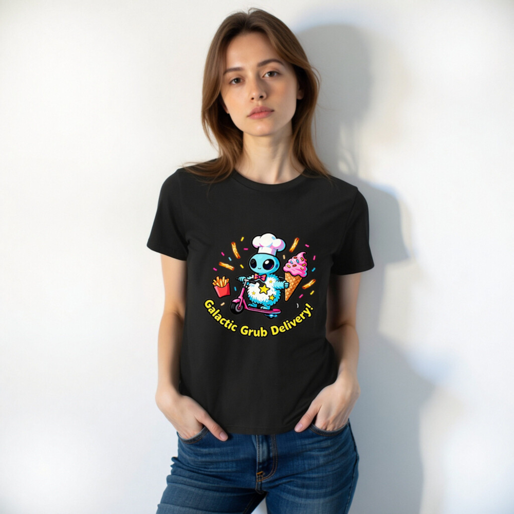 Unisex Organic Cotton T-Shirt | Galactic Grub Delivery Alien Chef Scooter Design - Image 8