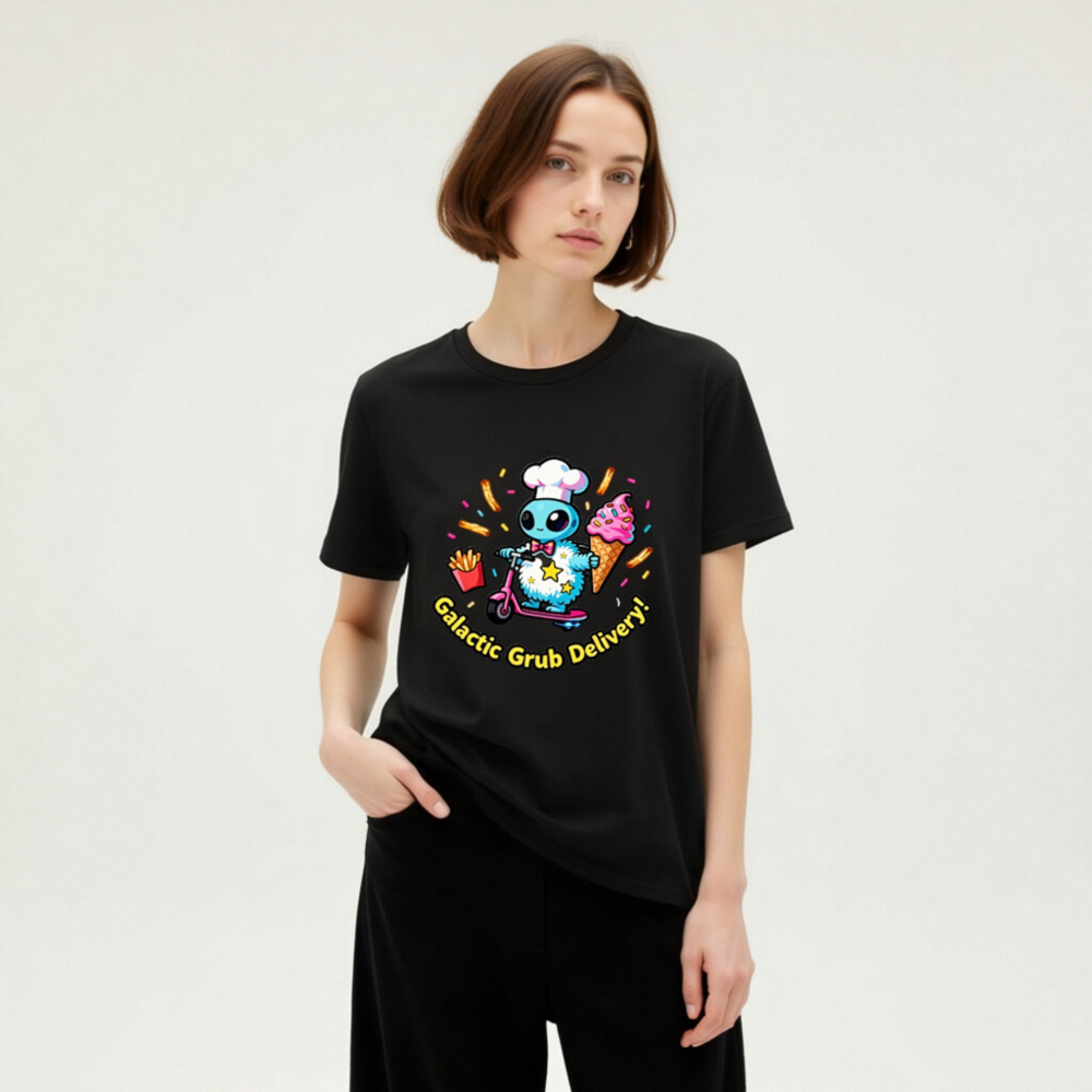 Unisex Organic Cotton T-Shirt | Galactic Grub Delivery Alien Chef Scooter Design - Image 9