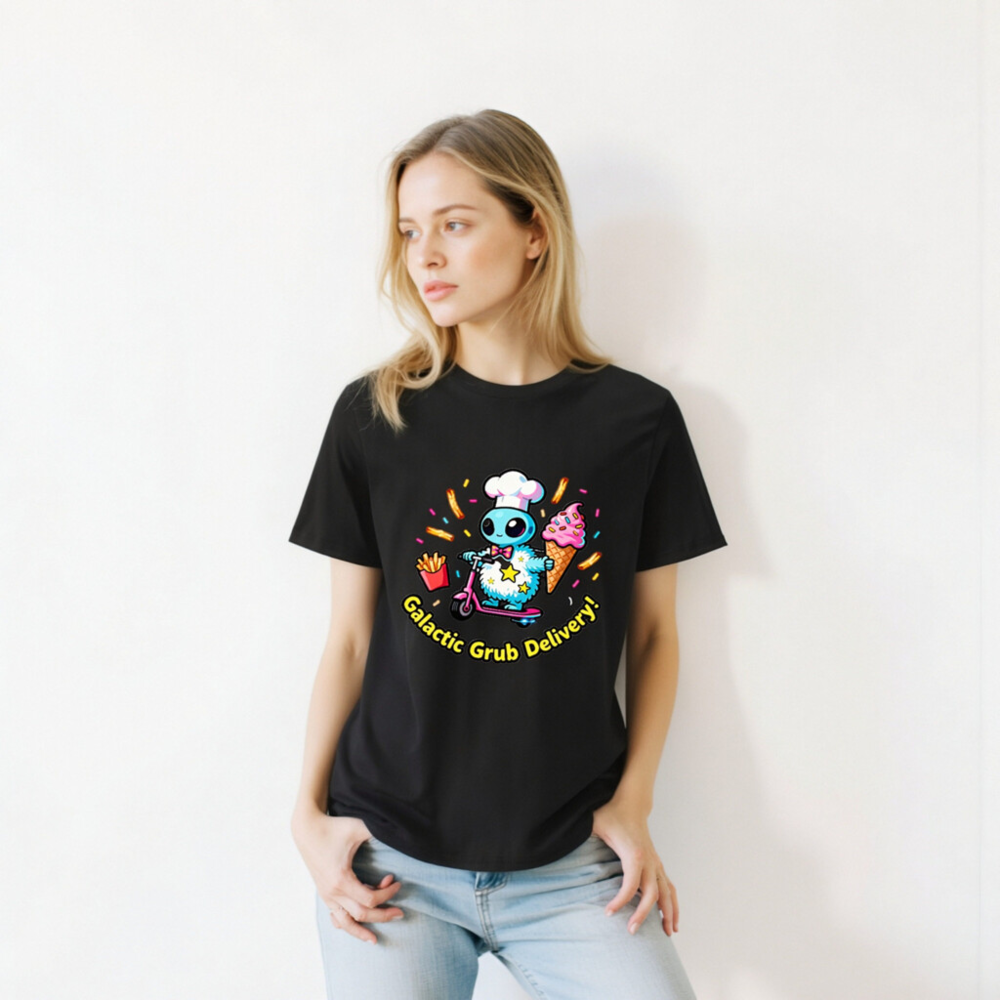 Unisex Organic Cotton T-Shirt | Galactic Grub Delivery Alien Chef Scooter Design - Image 11
