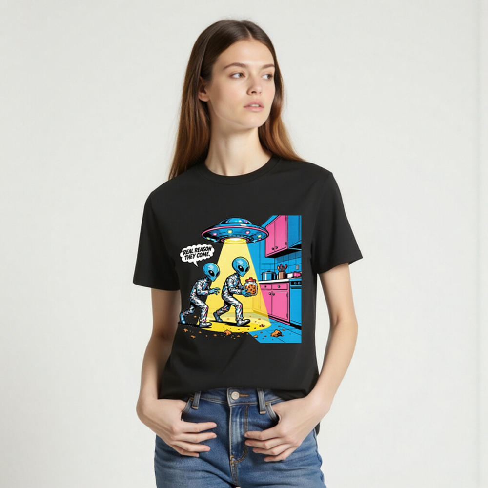 Unisex Organic Cotton T-Shirt - Alien Cookie Theft Graphic Tee - Image 2