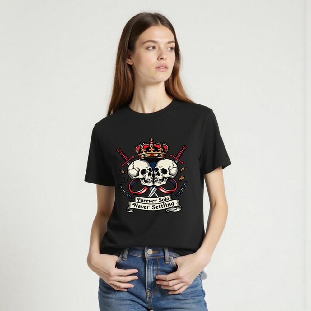 Unisex Organic Cotton T-Shirt - Forever Solo Never Settling Skull Crown Design - Image 2