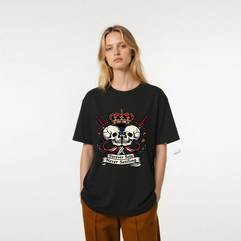 Unisex Organic Cotton T-Shirt - Forever Solo Never Settling Skull Crown Design - Image 6