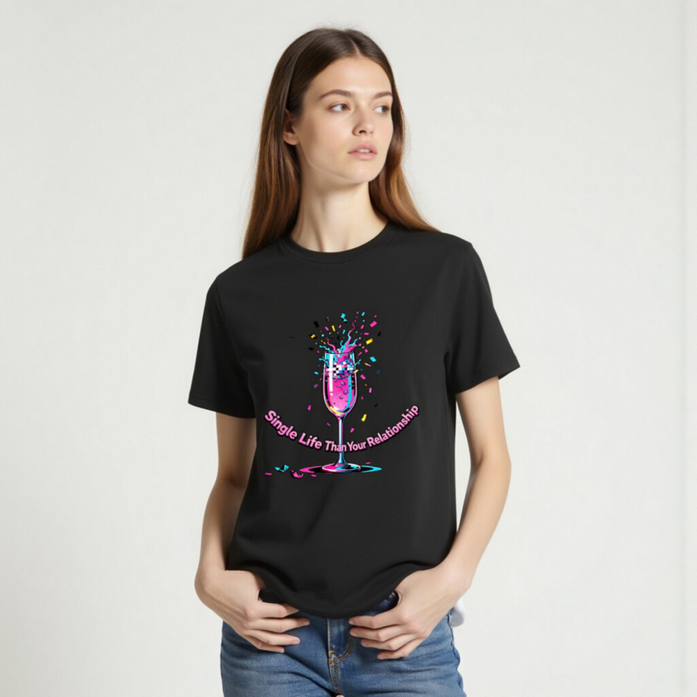 Unisex Organic Cotton T-Shirt - Single Life Than Your Relationship, Vibrant Disco Glass Design - Image 2