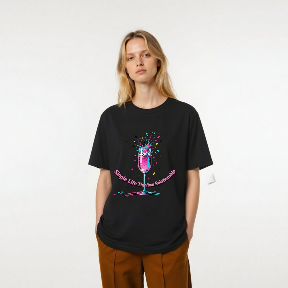 Unisex Organic Cotton T-Shirt - Single Life Than Your Relationship, Vibrant Disco Glass Design - Image 6