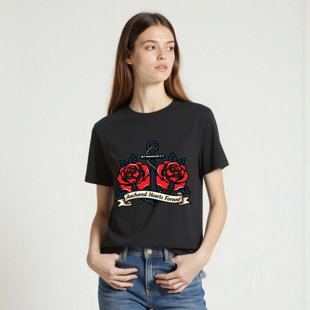 Unisex Organic Cotton T-Shirt - Anchored Hearts Forever Anchor & Rose Tattoo Design - Image 2
