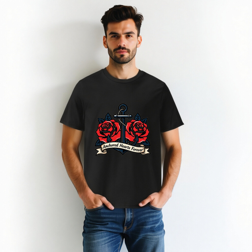 Unisex Organic Cotton T-Shirt - Anchored Hearts Forever Anchor & Rose Tattoo Design - Image 3