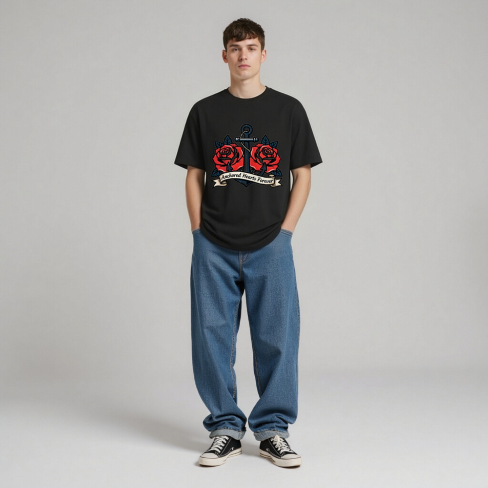 Unisex Organic Cotton T-Shirt - Anchored Hearts Forever Anchor & Rose Tattoo Design - Image 4