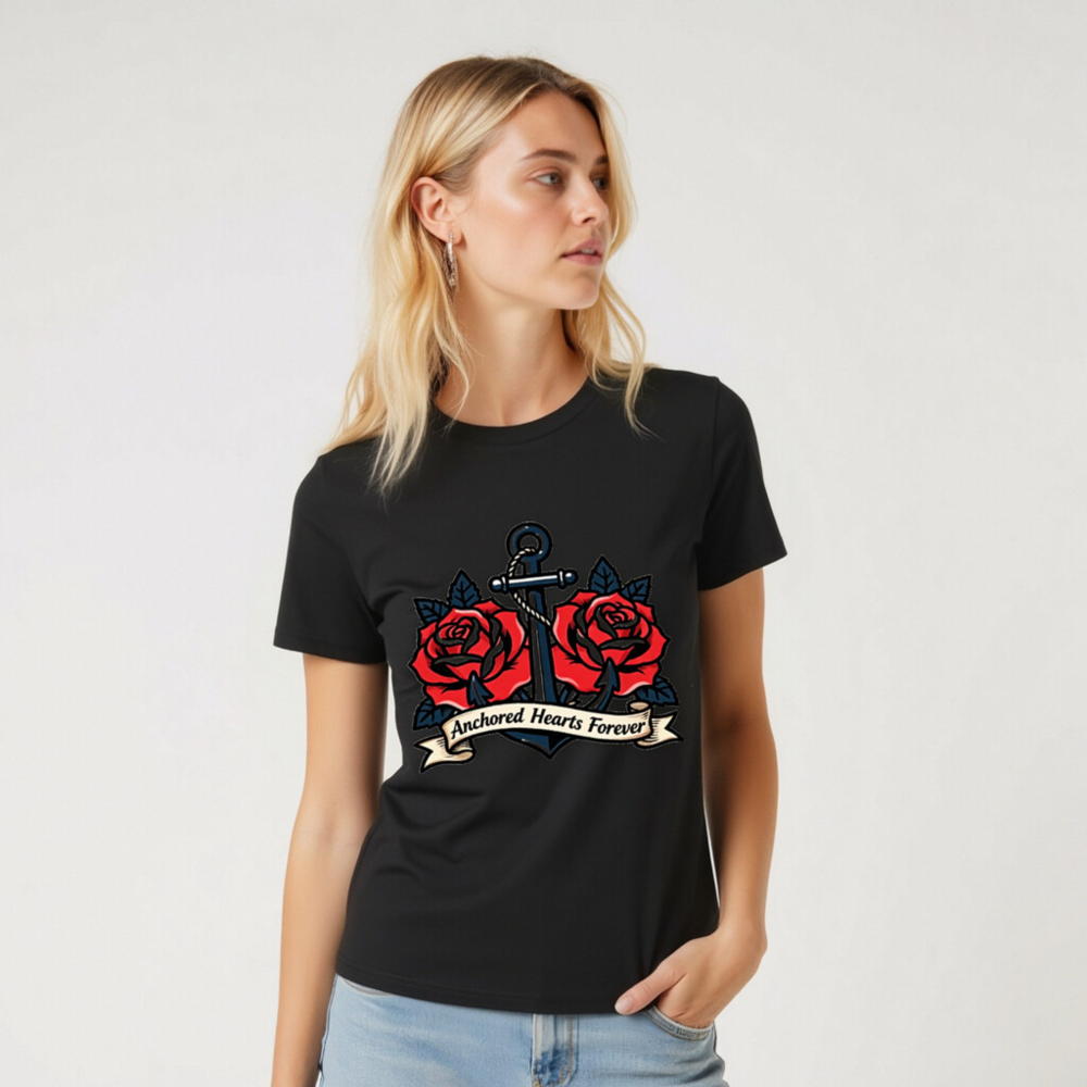 Unisex Organic Cotton T-Shirt - Anchored Hearts Forever Anchor & Rose Tattoo Design - Image 5