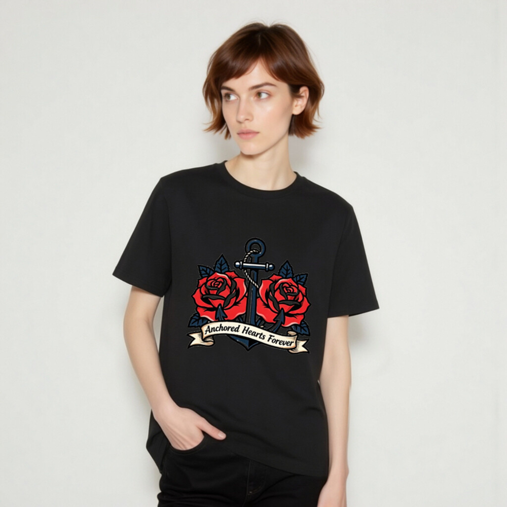 Unisex Organic Cotton T-Shirt - Anchored Hearts Forever Anchor & Rose Tattoo Design - Image 7