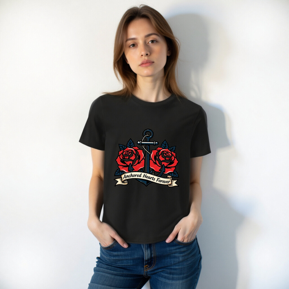 Unisex Organic Cotton T-Shirt - Anchored Hearts Forever Anchor & Rose Tattoo Design - Image 8