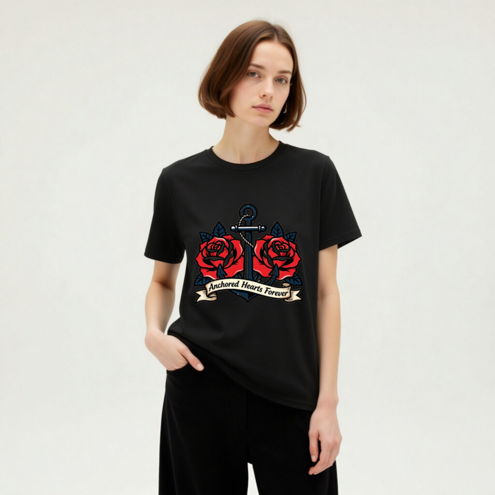 Unisex Organic Cotton T-Shirt - Anchored Hearts Forever Anchor & Rose Tattoo Design - Image 9