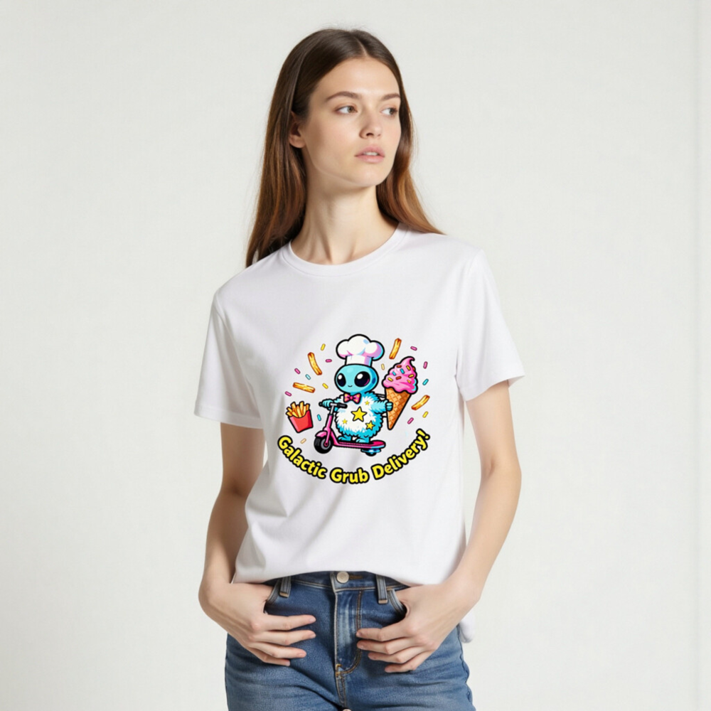 Unisex Organic Cotton T-Shirt | Galactic Grub Delivery! Alien Chef Scooter Design - Image 2