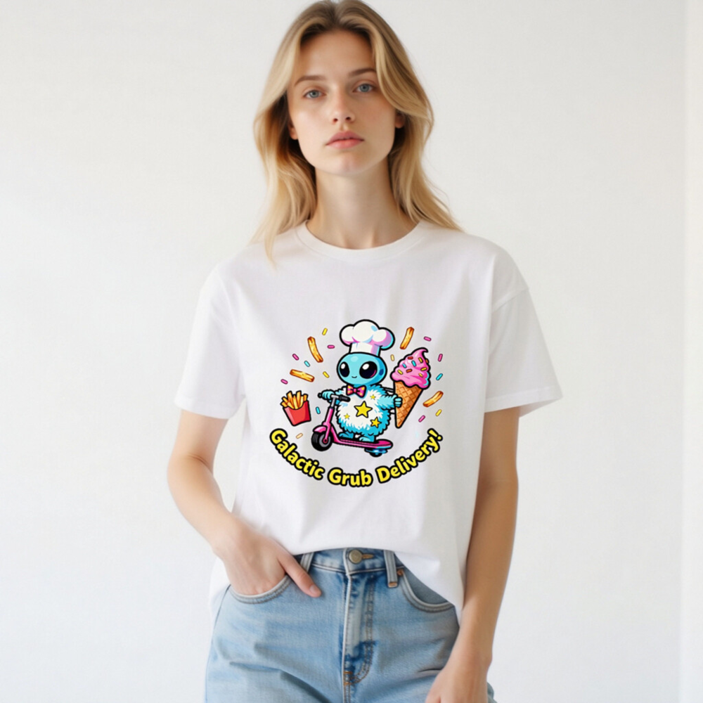 Unisex Organic Cotton T-Shirt | Galactic Grub Delivery! Alien Chef Scooter Design - Image 3
