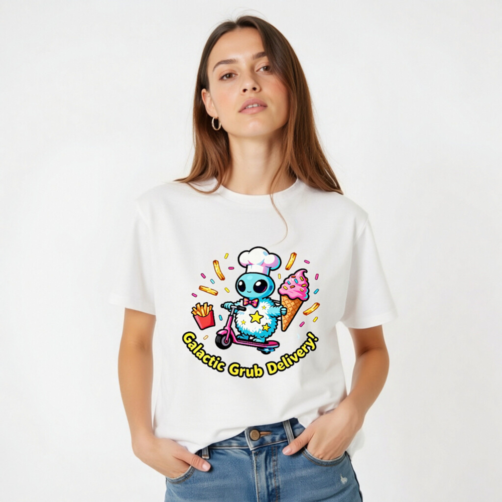 Unisex Organic Cotton T-Shirt | Galactic Grub Delivery! Alien Chef Scooter Design - Image 5