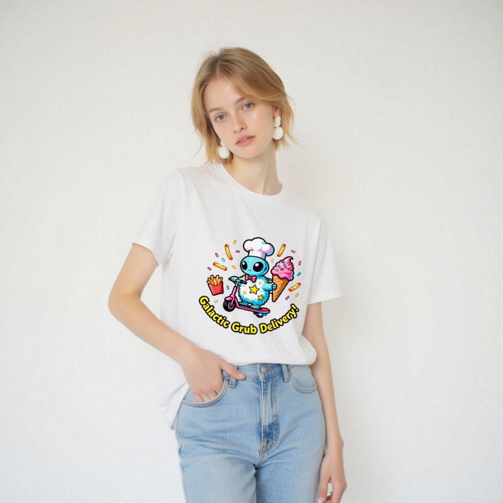 Unisex Organic Cotton T-Shirt | Galactic Grub Delivery! Alien Chef Scooter Design - Image 6