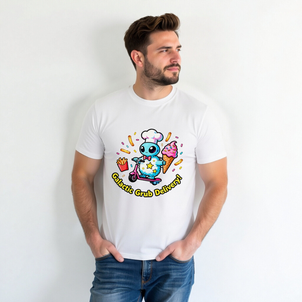Unisex Organic Cotton T-Shirt | Galactic Grub Delivery! Alien Chef Scooter Design - Image 7