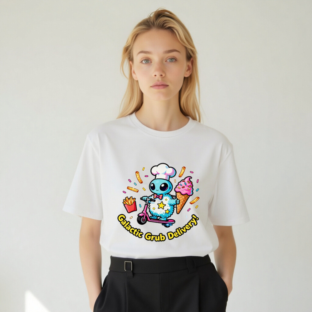 Unisex Organic Cotton T-Shirt | Galactic Grub Delivery! Alien Chef Scooter Design - Image 10