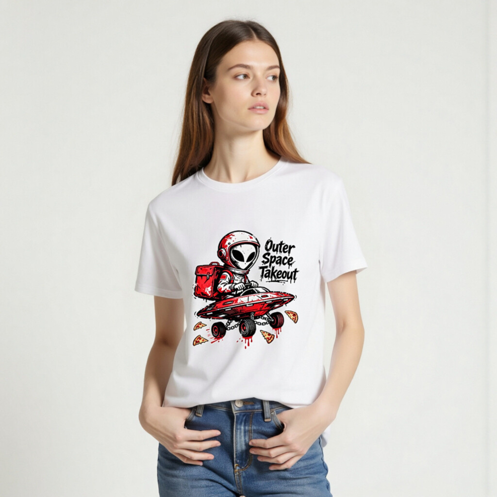 Unisex Organic Cotton T-Shirt - Outer Space Takeout Alien Pizza Delivery - Image 2