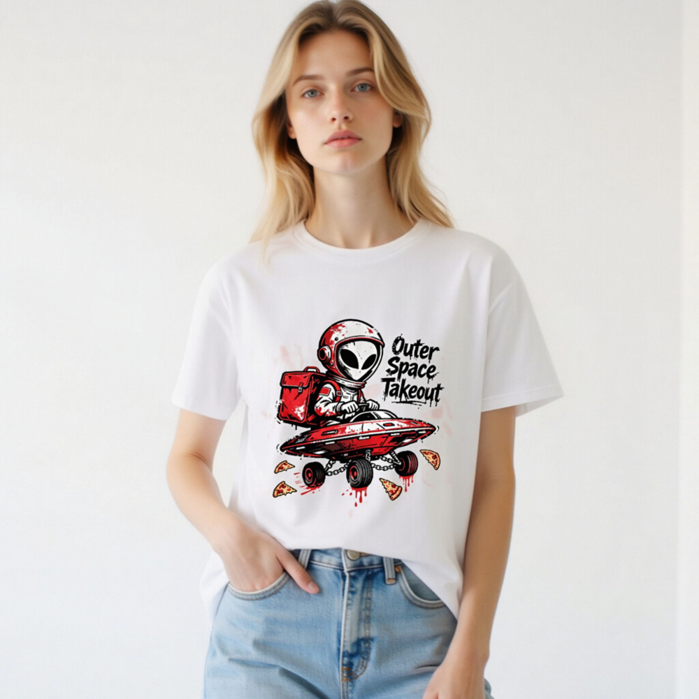 Unisex Organic Cotton T-Shirt - Outer Space Takeout Alien Pizza Delivery - Image 3