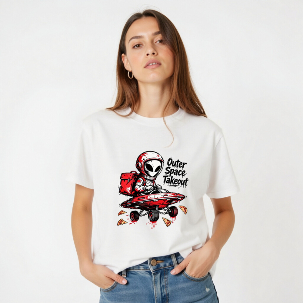 Unisex Organic Cotton T-Shirt - Outer Space Takeout Alien Pizza Delivery - Image 5